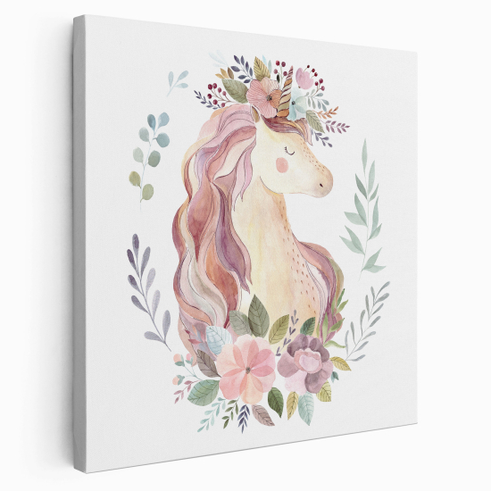 Stampa su tela Quadrata per Bambini - Unicorno Fiori
