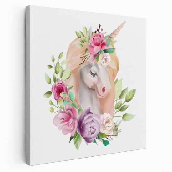 Stampa su tela Quadrata per Bambini - Unicorno Fiori