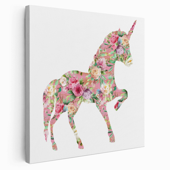 Stampa su tela Quadrata per Bambini - Unicorno Fiori