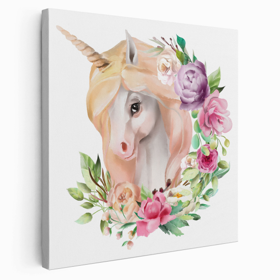 Stampa su tela Quadrata per Bambini - Unicorno Fiori