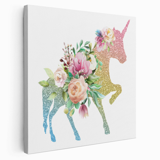 Stampa su tela Quadrata per Bambini - Unicorno Fiori