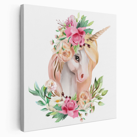 Stampa su tela Quadrata per Bambini - Unicorno Fiori