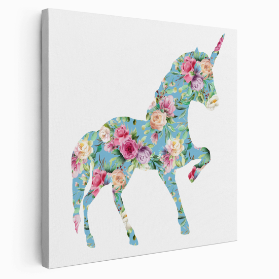 Stampa su tela Quadrata per Bambini - Unicorno Fiori