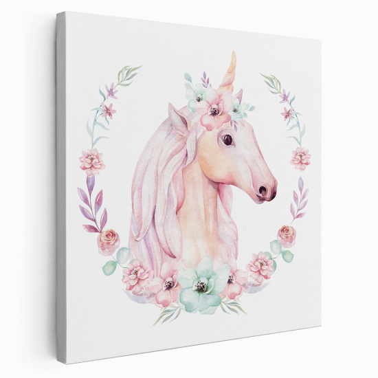 Stampa su tela Quadrata per Bambini - Unicorno Fiori