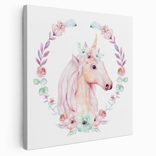 Stampa su tela Quadrata per Bambini - Unicorno Fiori