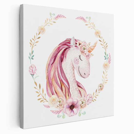 Stampa su tela Quadrata per Bambini - Unicorno Fiori