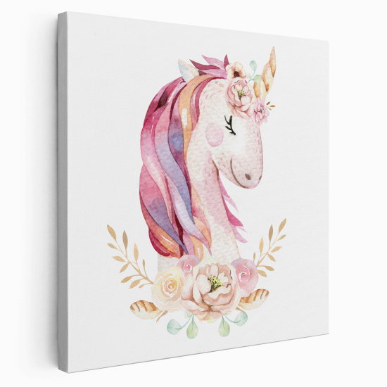 Stampa su tela Quadrata per Bambini - Unicorno Fiori