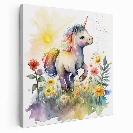 Stampa su tela Quadrata per Bambini - Unicorno Fiori