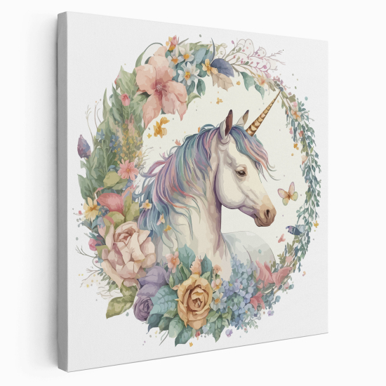 Stampa su tela Quadrata per Bambini - Unicorno Fiori