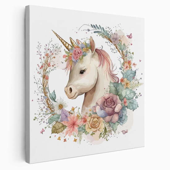 Stampa su tela Quadrata per Bambini - Unicorno Fiori