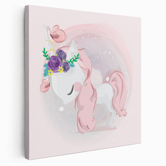 Stampa su tela Quadrata per Bambini - Unicorno Fiori