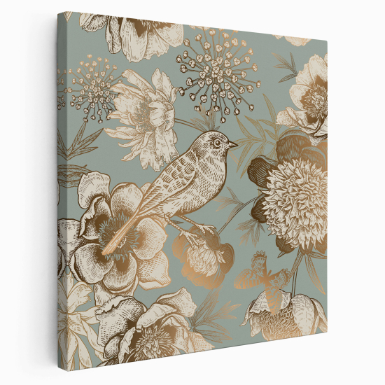 Stampa su tela Quadrata - Uccello fiori