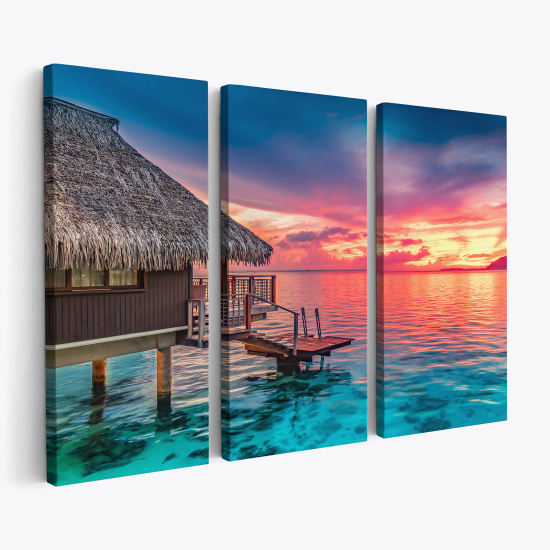 Stampa Trittico su tela - Bungalow galleggiante paradisiaco