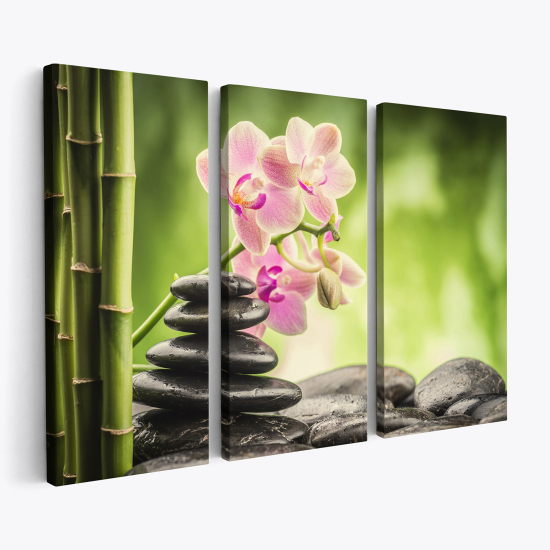 Stampa Trittico su tela - Ciottoli Orchidee