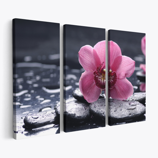 Stampa Trittico su tela - Fiori ciottoli