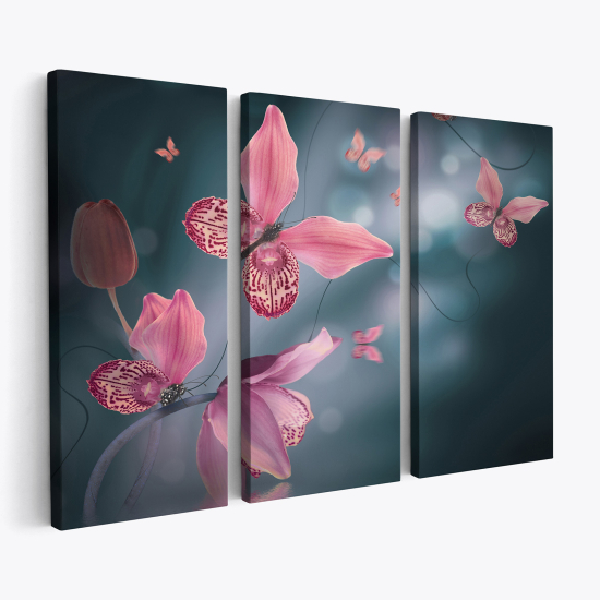 Stampa Trittico su tela - Fiori Farfalle