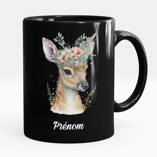 Tazza / Mug personalizzata Nero integrale - Cerbiatto fiori