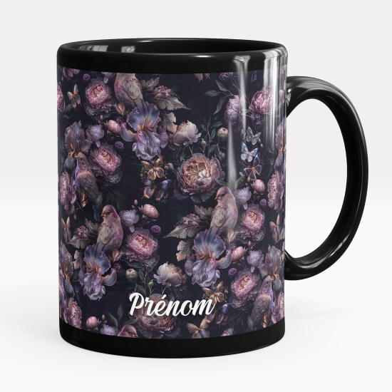 Tazza / Mug personalizzata Nero integrale - Uccelli fiori