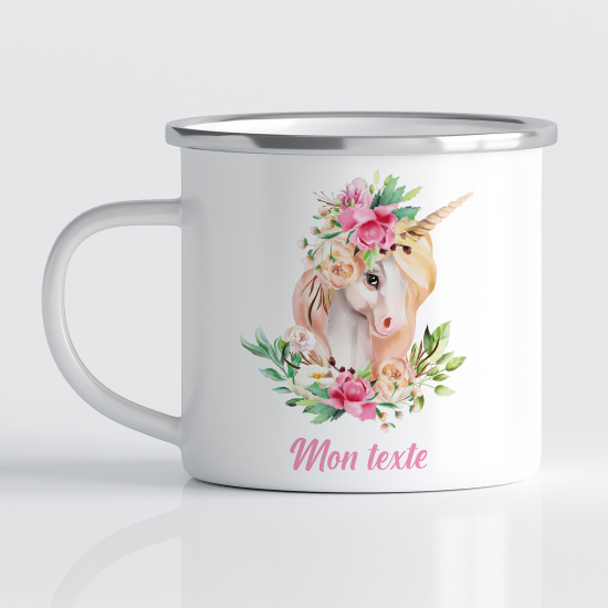 tazza smaltata personalizzata per Bambini - Unicorno fiore