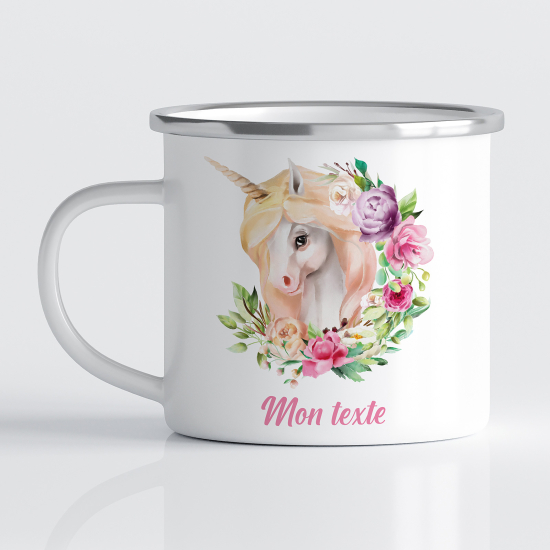 tazza smaltata personalizzata per Bambini - Unicorno fiore
