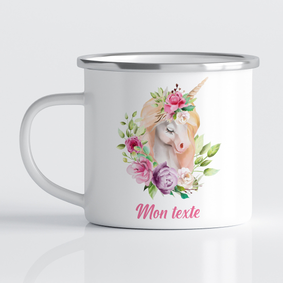 tazza smaltata personalizzata per Bambini - Unicorno fiori