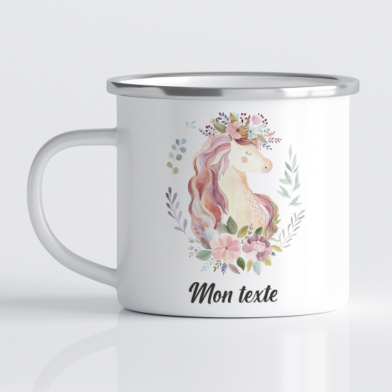 tazza smaltata personalizzata per Bambini - Unicorno Fiori
