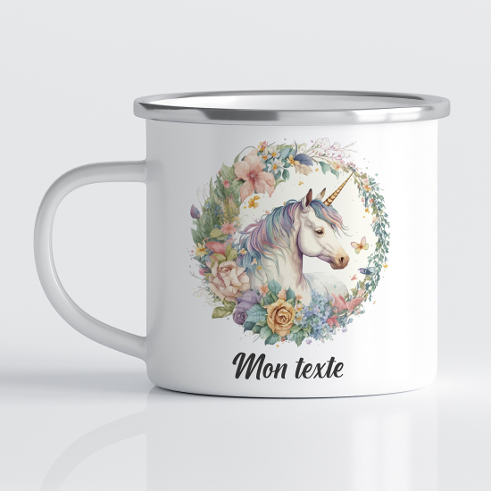 tazza smaltata personalizzata per Bambini - Unicorno Floreale