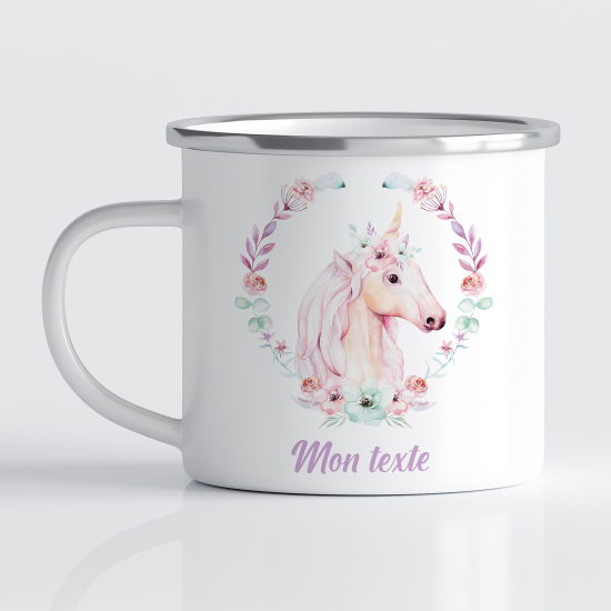 tazza smaltata personalizzata per Bambini - Unicorno Floreale